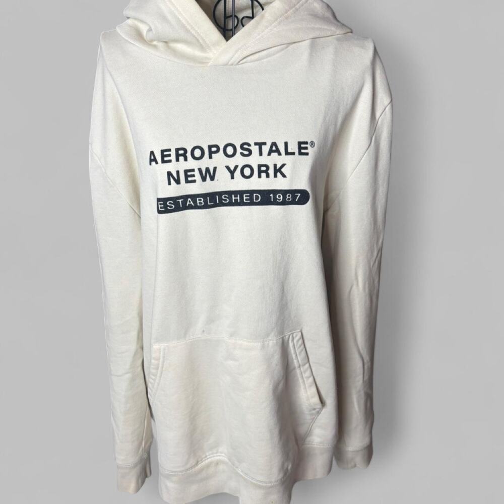 Aeropostale New York Graphic Hoodie Cream Ivory Fleece Sweatshirt Large